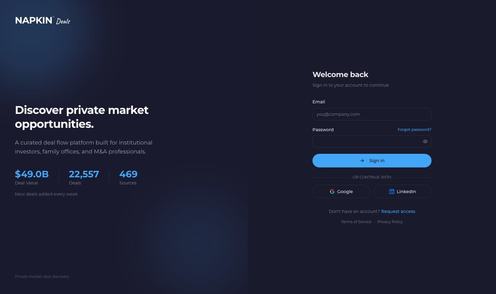 app.napkindeals.com. The deal discovery platform reporting $49.0B of deal value across 22,557 deals from 469 sources.